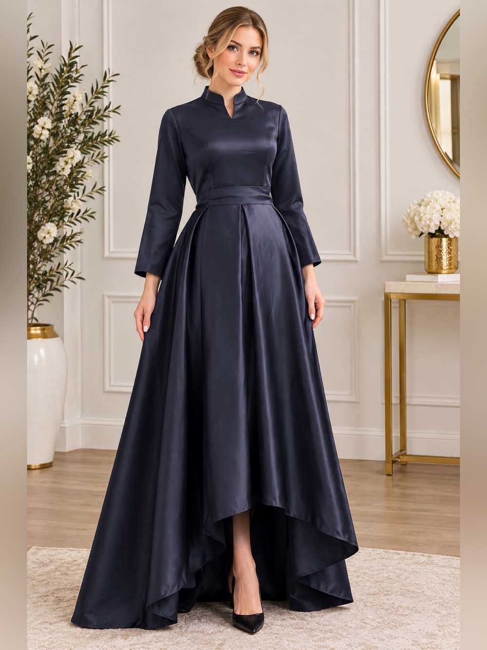 Elegant navy blue Satin High-Low Dress - Classic Women's Evening Dress & pocket.